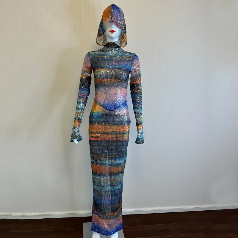 Nowa wysoka elastyczność z kapturem cekiny kamienie sukienki imprezowe kobiety piosenkarka suknia wieczorowa wybieg sceniczny kostium Gogo stroje festiwalowe ﻿