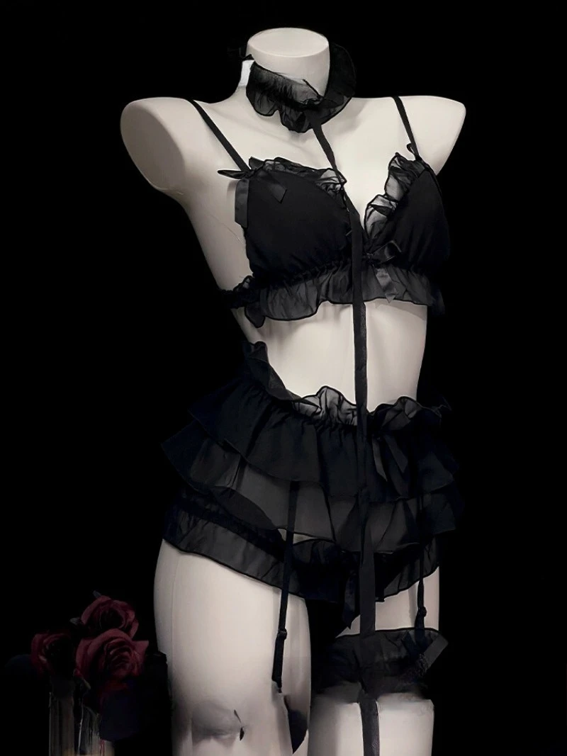 

Black Lace Three-Point Lingerie Set Women–Lotus Leaf Trim Design with Garter Belt,Romantic Sweet Style Nightwear Soft Evenings