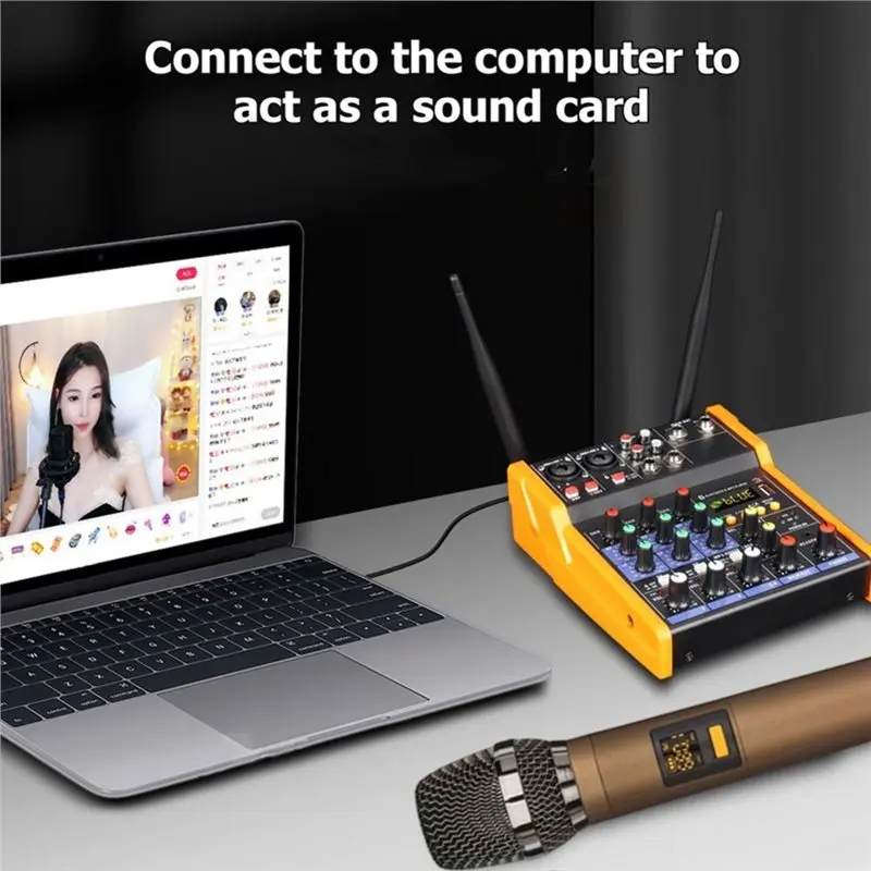[B24B!】 Bluetooth USB Audio Interface 4-Channel Audio Mixer Console UHF Wireless Microphone Kit For DJ Karaoke PC Guitar
