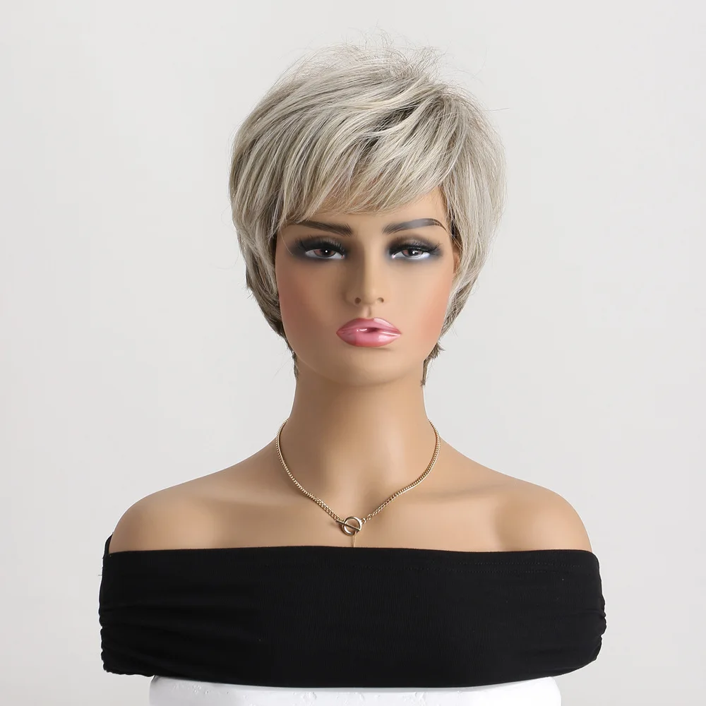 Short Wig Brown Mixed Blonde Synthetic Wigs Straight For Women Hair With Bangs Hair Breathable Rose Mesh Daily Party Cosplay Use