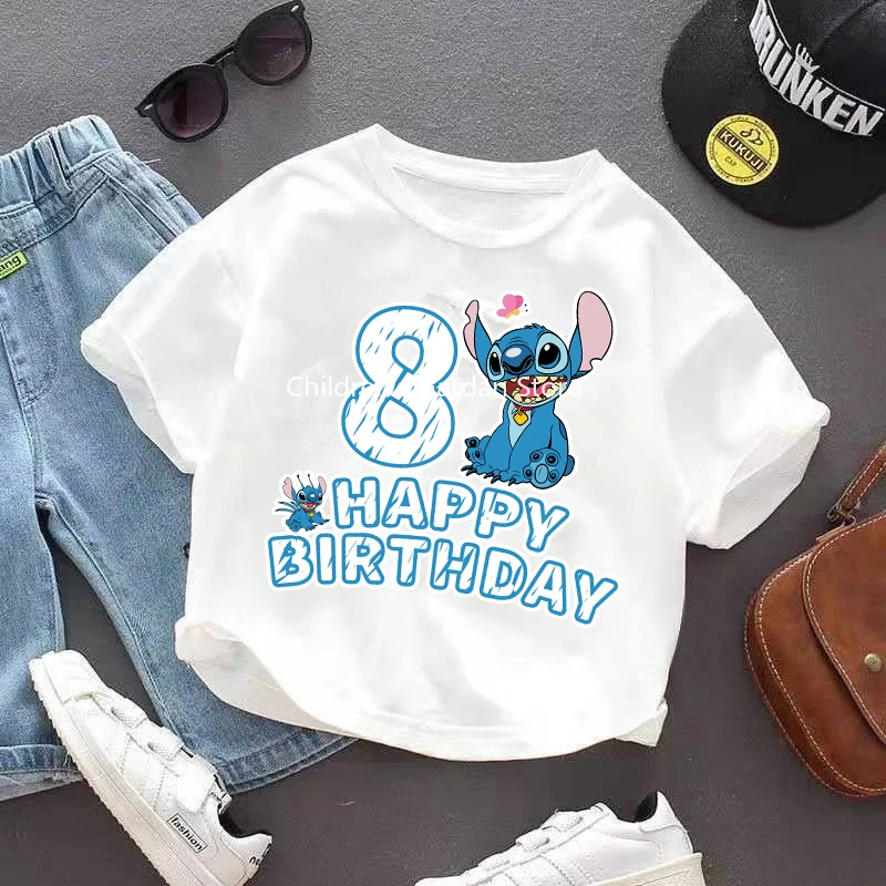 Stitch Disney Kids T Shirt Happy Birthday Clothes Tops Children\'s Clothing Boys Girls Summer Cute Short Sleeve Tee Birthday Gift