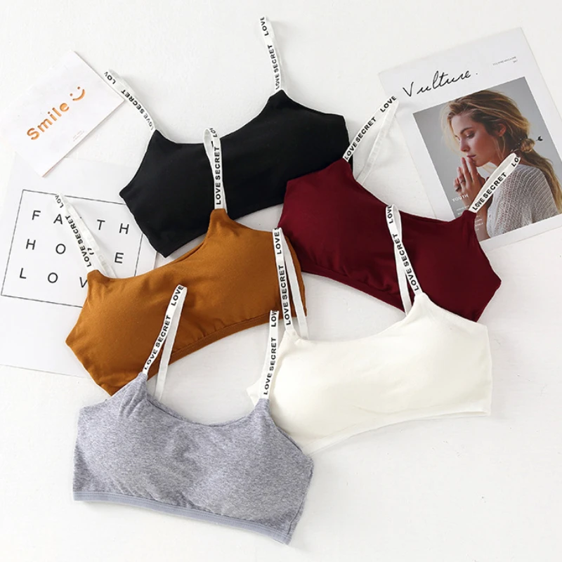 Girl's Bra Wrapped in Cotton with Three Rows of Buttons, Letter Strap, Camisole, Gathered for Bra Students