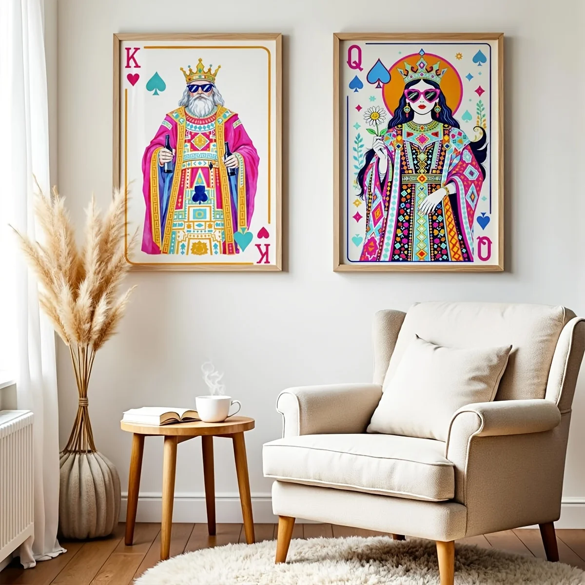 2pcs King & Queen of Hearts Playing Card Canvas Poster, Unframed Retro Maximalist Wall Art for Living Room and Bedroom Decortion