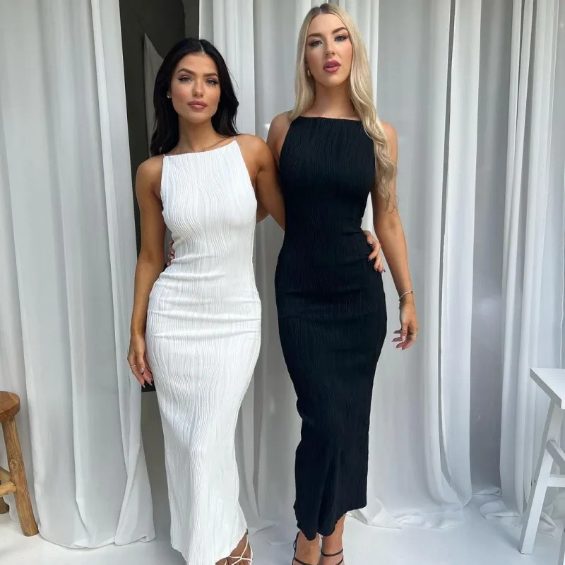 Long White Dress Women Streetwear Summer 2025 New Tight Fitting Dresses with Sleeveless Pullover Solid Temperament Skirt