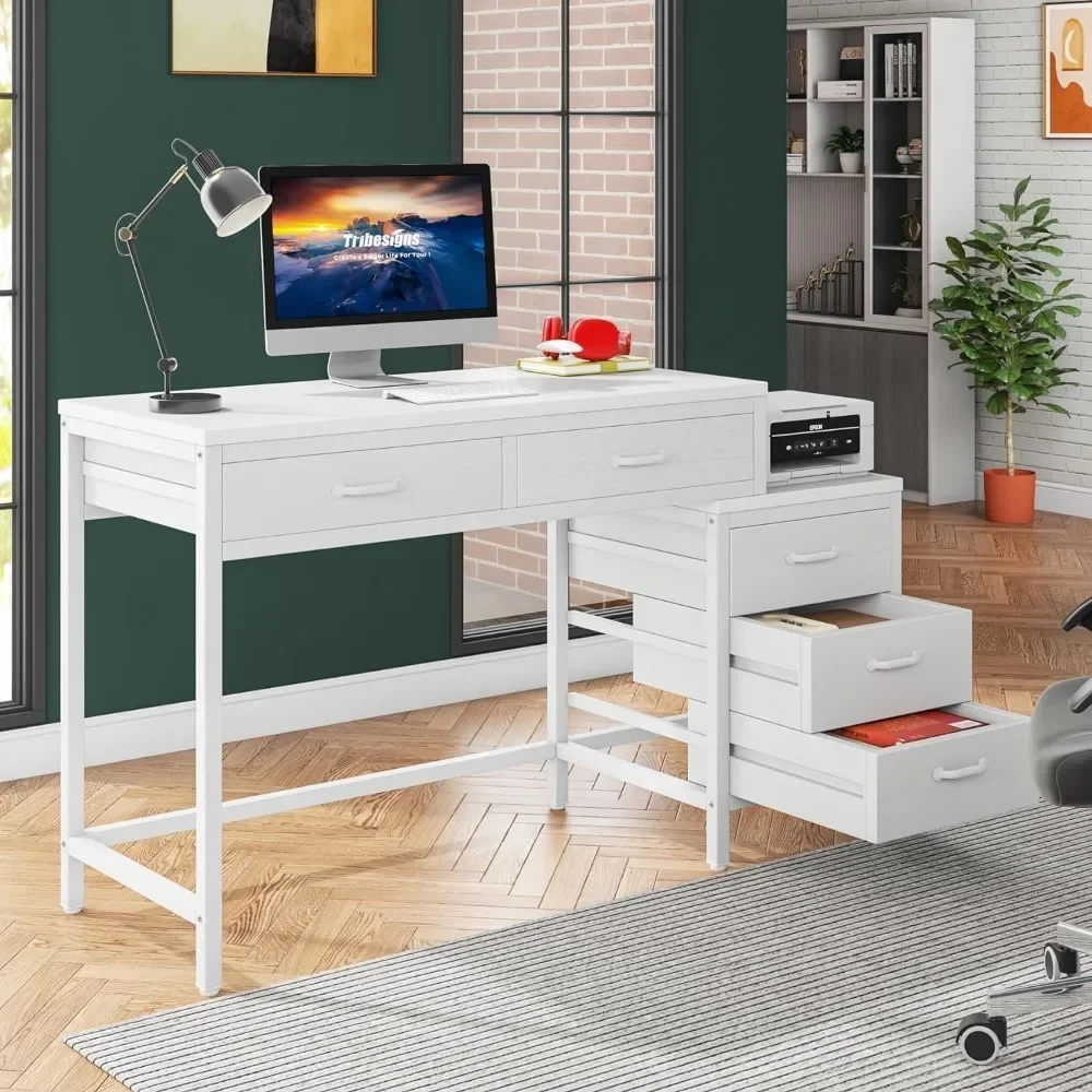 

t Computer Desk with 5 Drawers, Home Office Desks with Reversible Drawer Cabinet Printer Stand, Industrial PC Desk
