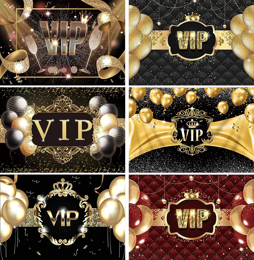 

Black and Gold VIP Birthday Backdrop Glitter Gold Crown Bokeh Ribbon Golden Balloons Children or Adults Birthday Party Bacdrops