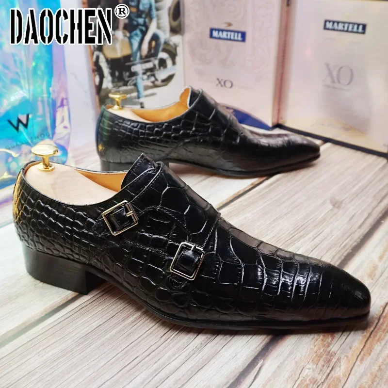 Luxury Men Shoes Black Brown Buckle Strap Loafers Genuine Leather Mens Dress Wedding Office Business Monk Shoes For Men