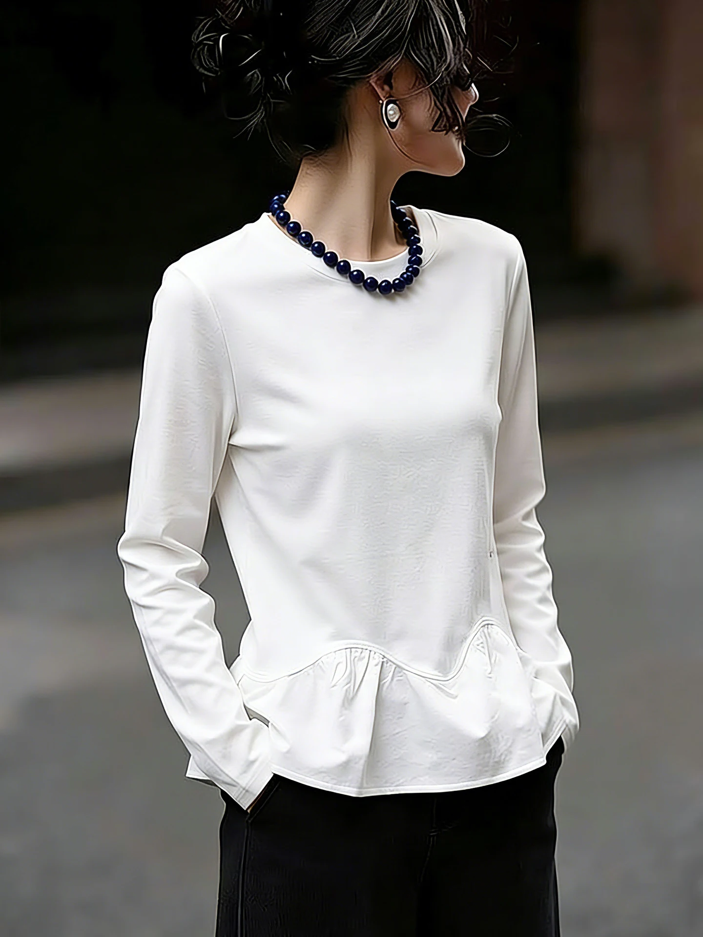 Spring Fashion Slimming Long Sleeve T-Shirt Women's Loose Casual Minimalist Base Shirt Pure Color Versatile Design Top