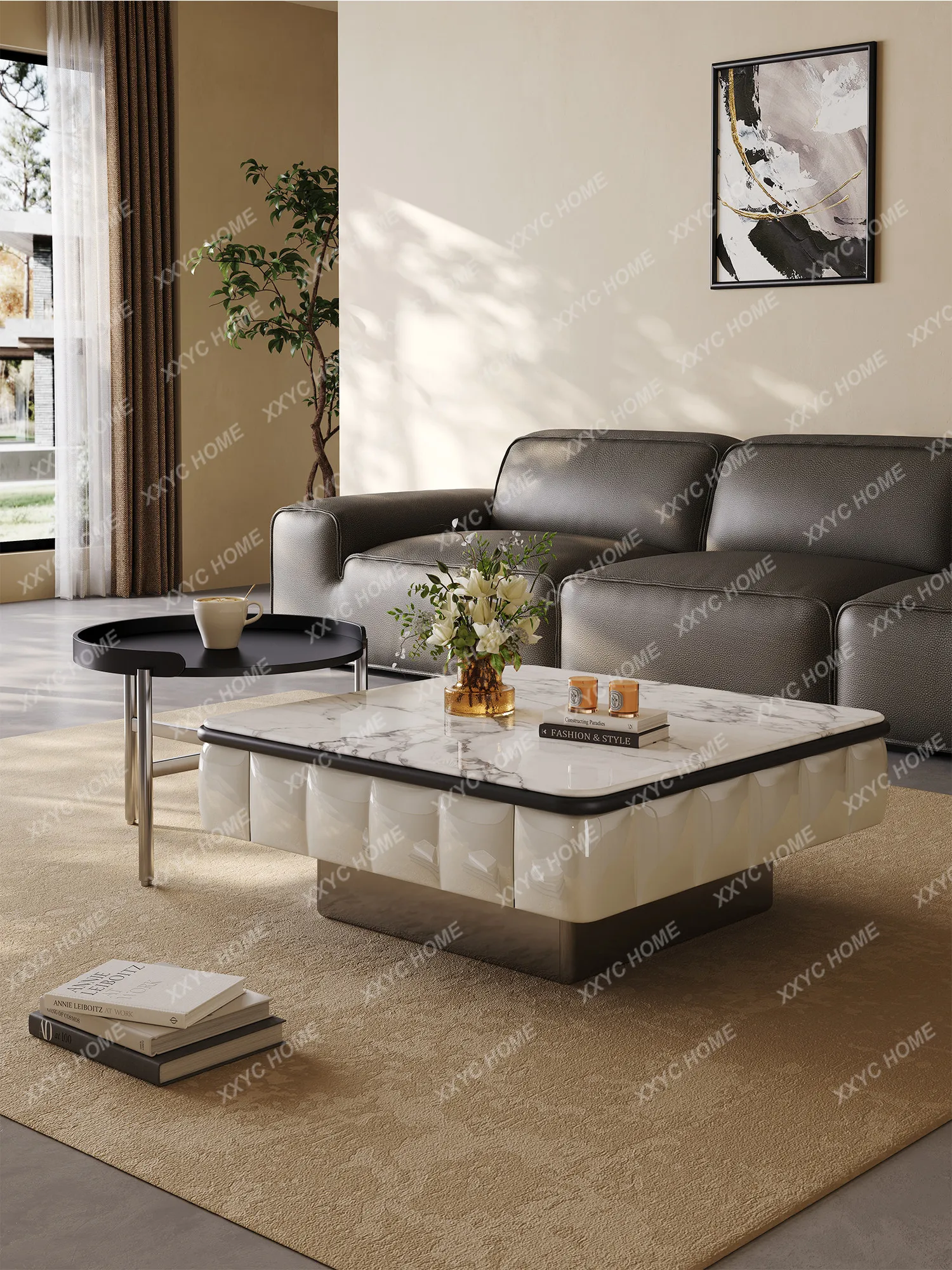 

LThe new living room high-end white natural luxury stone coffee table side table wabi-sabi style high-end sense small home use