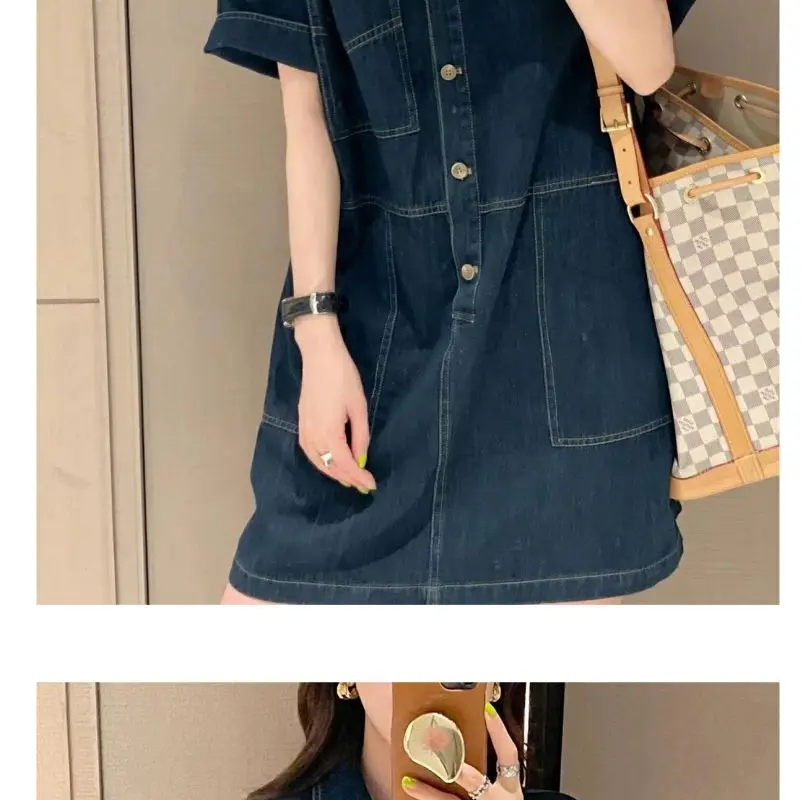 Womens Light Denim Short Sleeve Shirt Dress Loose Fit Button Front Pocket Casual Retro Jean Sundress - view 3