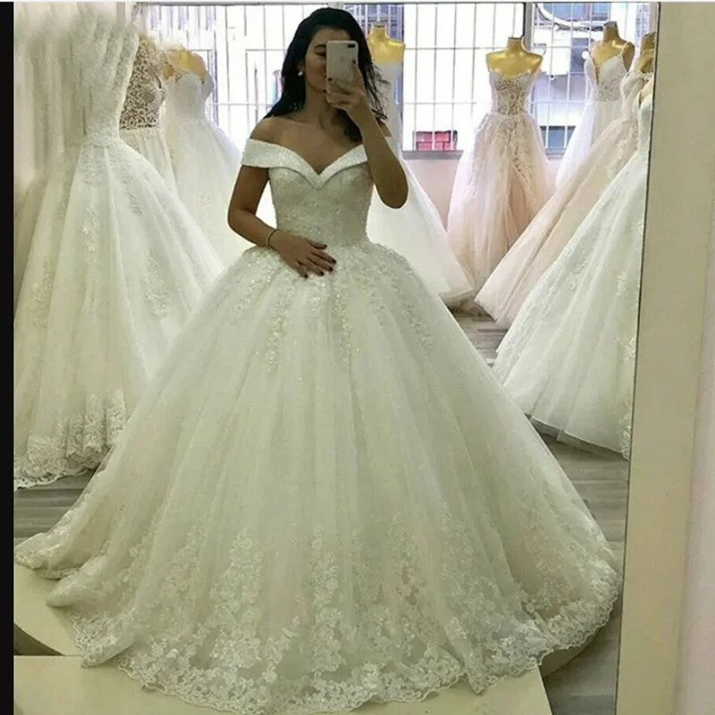 تخصيص الخرز الكلاسيكي قبالة الكتف ثوب الزفاف للعروس Vestido De Noiva Ballgown الدانتيل يزين زي العرائس #1