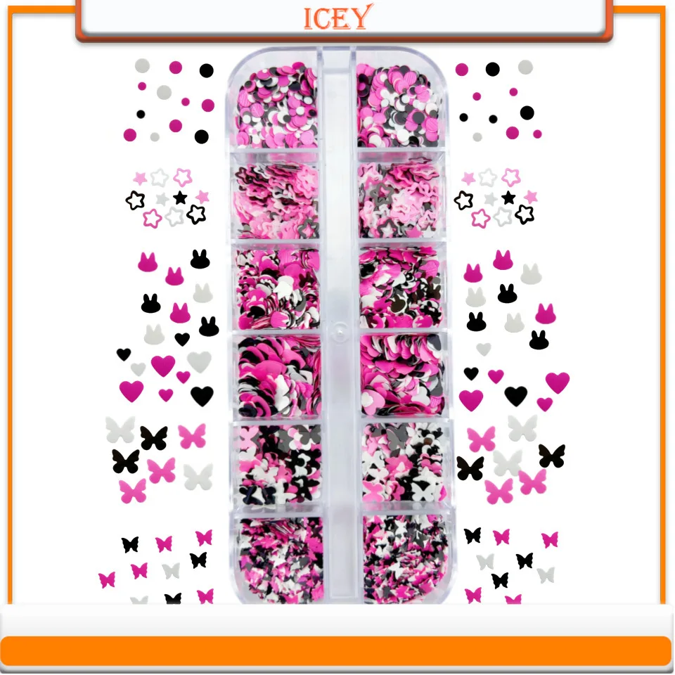 Icey Beauty 1set 12 Box Black and Pink Rabbit Heart Disc Nail Art Glitter Drip Glue Nail Art DIY Slime Filling Material