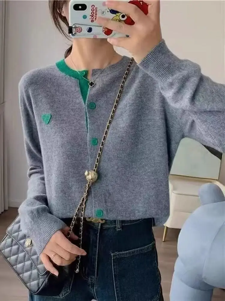 

Корейский Sle, простой элегантный круглый вязаный цветной блузка, открытый кардиган, весна-осень, тонкий модный свитер с высоким дизайном и любовью...