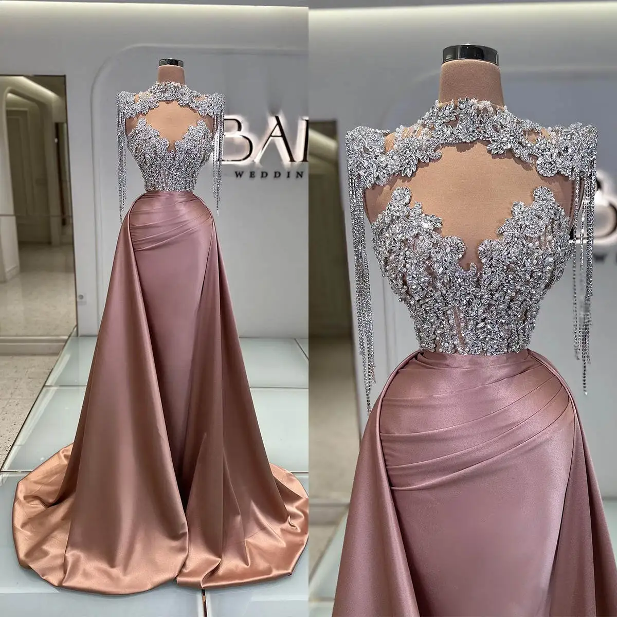 

Luxury A Line Women Prom Dresses Strapless Sleeveless Cape Gown Crystal Detachable Train Dress For Party Custom Made