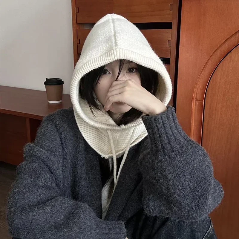 Knitted Hooded Neck Warmer Drawstring Pullover Balaclava Solid Color Ribbed Hat Scarf All In One Outdoor Windproof Accessory