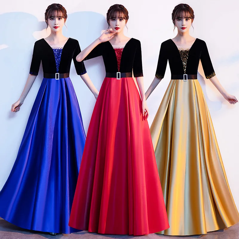 

Ele Red Long Dr Performance Costume for Women Adult Chorus Recitation Yearly Conference Evening Gown Floor Length