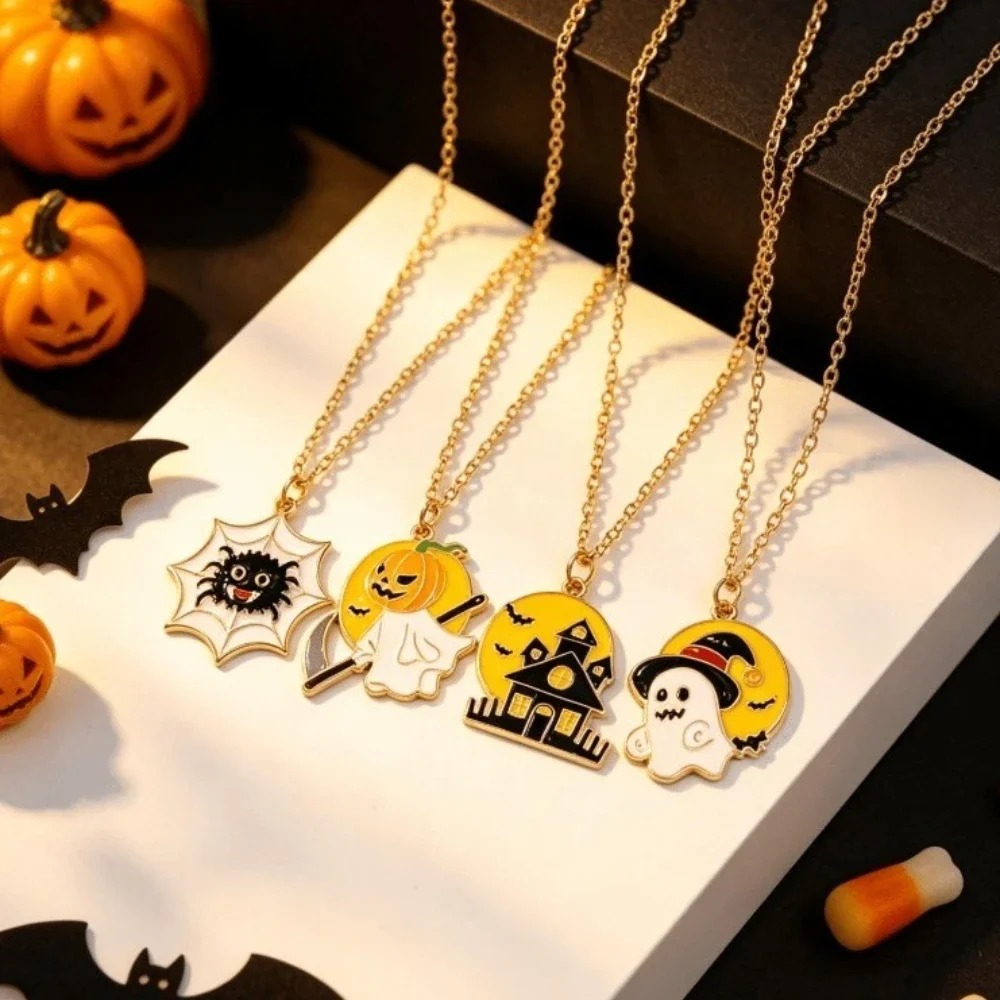 Spooky Ghost Necklace Halloween Haunted House Spider Oil Pendant Drop Alloy Jewelry Gift for Boys Girls Costume Party Fashion