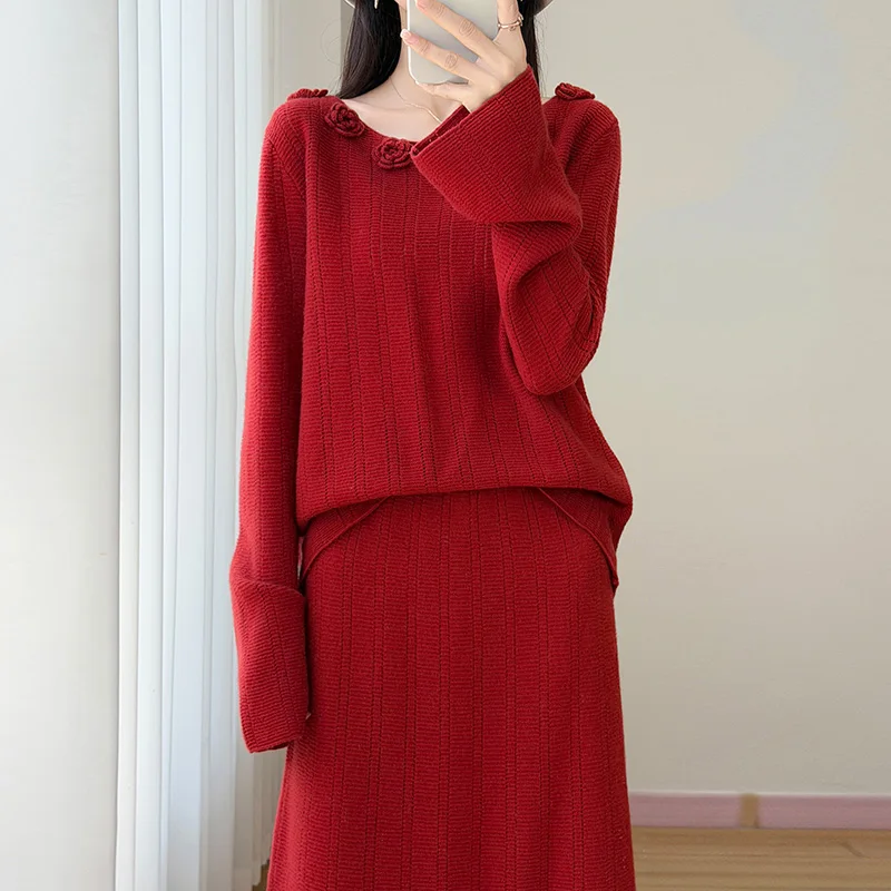 Elegant wind three-dimensional flowers 100% cashmere knitted sweater loose two-piece skirt corrugated suit