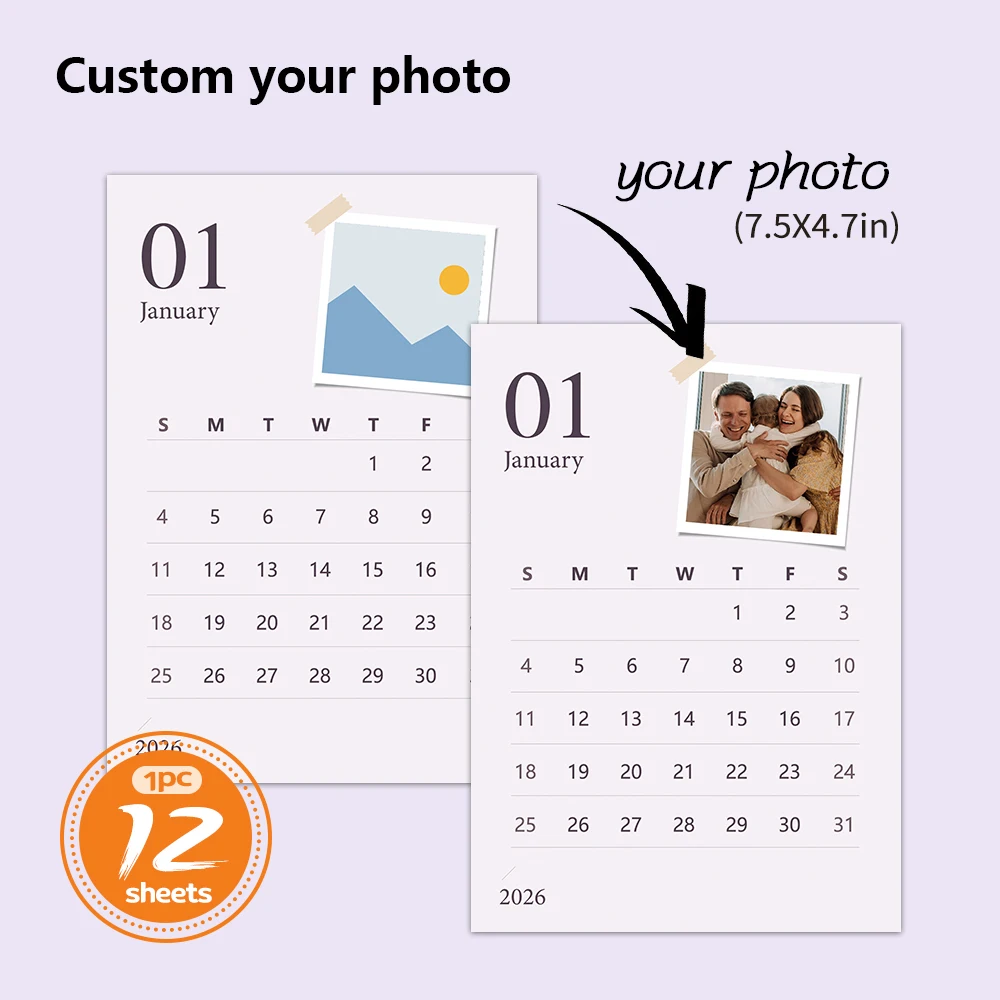 Calendario personalizado 2026 de 1 pieza: calendario de pared personalizado, carga de 6 fotos, calendario de pared, regalo de cumpleaños, Navidad y Año Nuevo