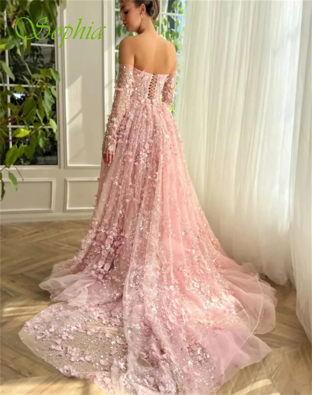 

Customized Graceful Pink Organza Evening Dress Classic Boat Neck Long Sleeves Prom Dress Delicate Appliques Crystal Party Dress