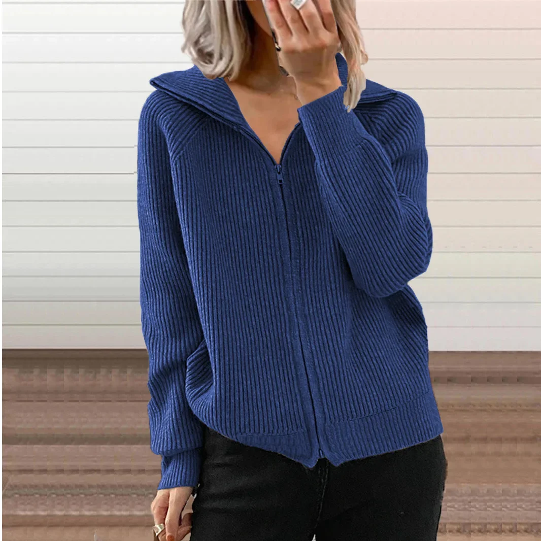 Europe and the United States autumn and winter new striped casual coat loose knit zipper cardigan long sleeve lapel sweater