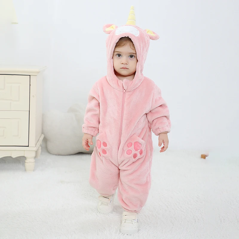 New Unicorn Lovely Baby Girls Clothes Rompers Infant Cartoon Kigurumis Baby Onesie Bodysuit Newborn Hooded Flannel Jumpsuits