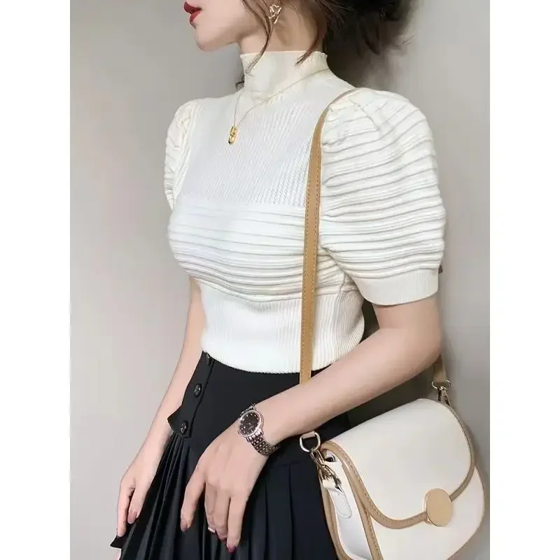 

New Women Pullovers Half Turtleneck Knitted Sweater Summer Puff Short Sleeve Solid Jumper Shirts Korean Hollow Out Y2K Crop Tops