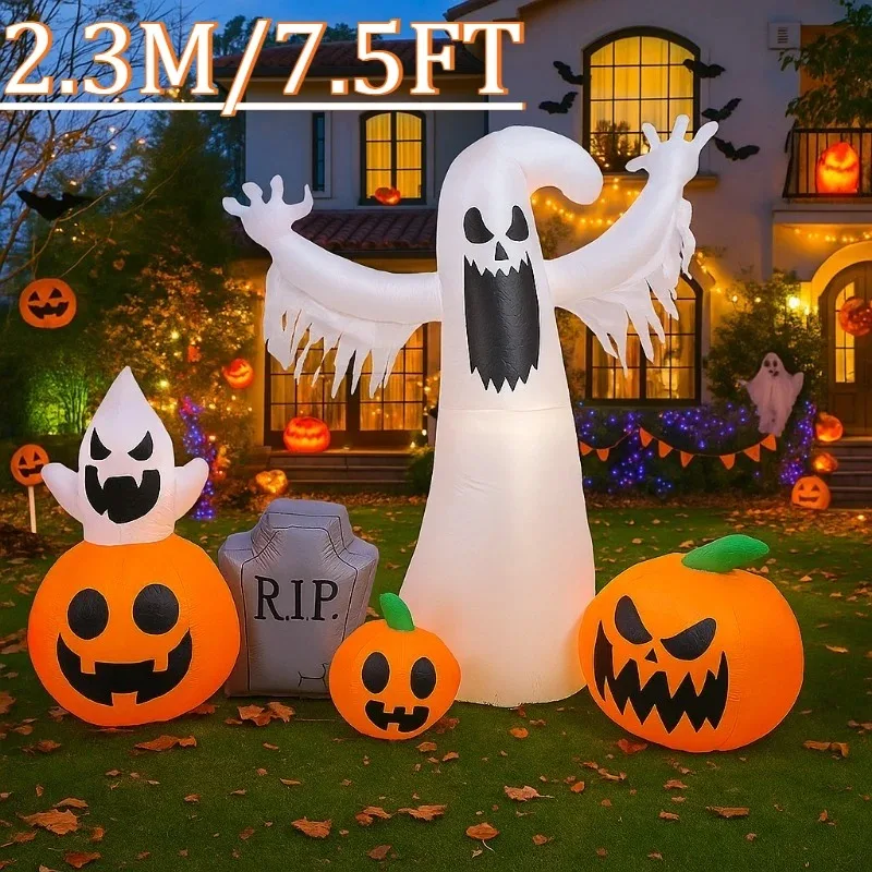 7.5FT هالوين عطلة الإضاءة نفخ اللعب زينة شبح اليقطين الديكور مع المصابيح في الهواء الطلق منزل ساحة حديقة الدعامة