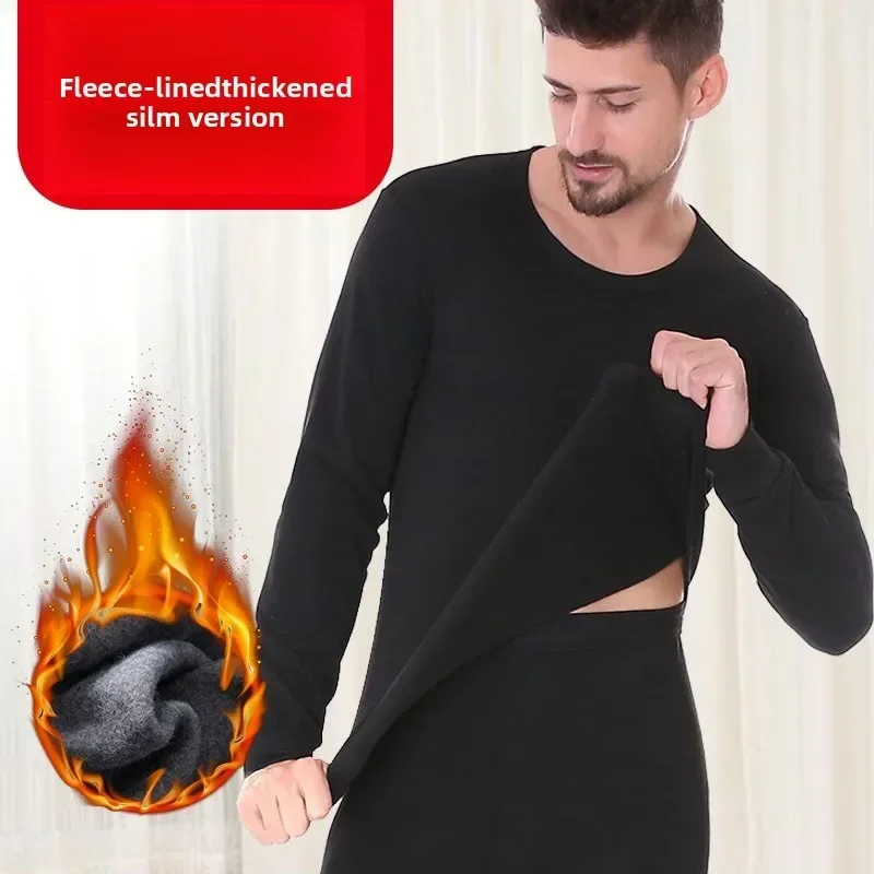 Men's Fleece and Thick Warm Underwear Set Autumn Clothes Cotton Sweaters Autumn and Winter Men's Base Winter Set Black and Grey