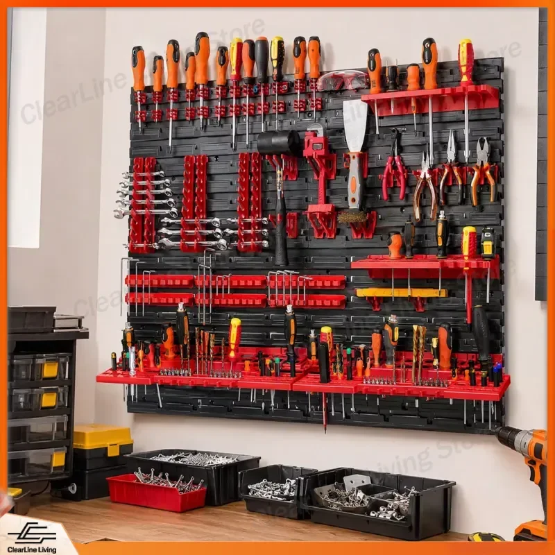 PP Plastic Wall Mount Pegboard 68 Piece Tool Organizer Wrench Tray Screwdriver Holder Rack for Garage Workshop Kit