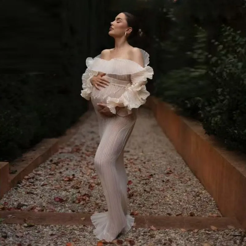 

Платье для беременных из органзы с рюшами на рукавах, прямое, для фотосессии, с бантом, плиссированное, для бэби-шауэра