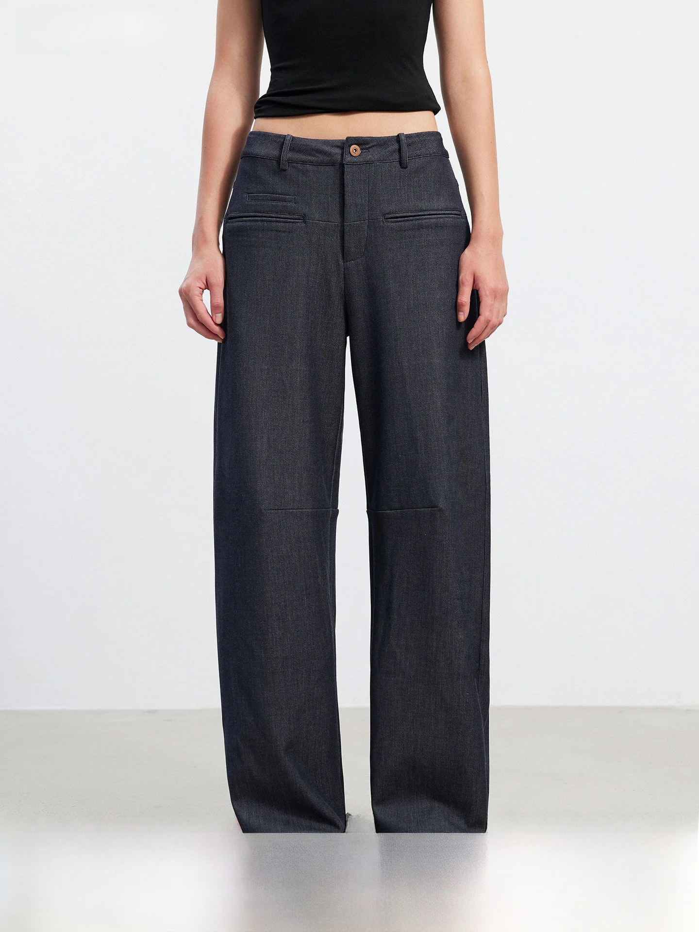 

AFTADAWN Denim Wide Leg Pants Asymmetrical Hemline Slimming Drapey Construction Slicing Natural Waist Casual Polyester