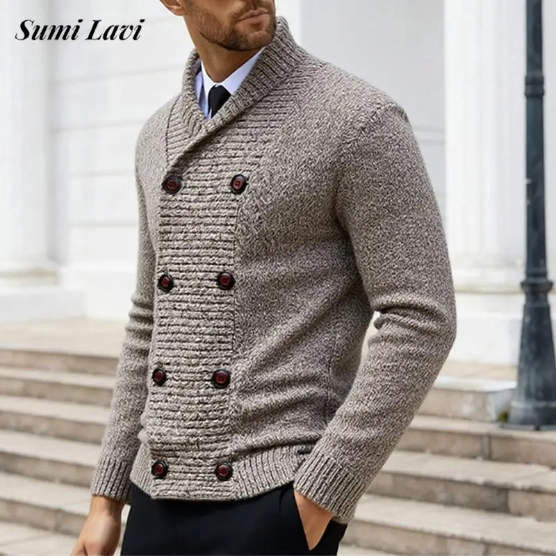 

Винтажные двубортные свитера с лацканами, мужские повседневные однотонные вязаные куртки, мужские осенне-зимние модные тонкие вязаные кардиганы