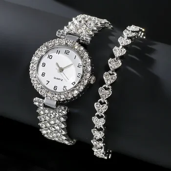 2024 2 pièces de luxe mode femmes montre ensemble Bracelet en argent dames Quartz montre-Bracelet en alliage Bracelet pour dames ensemble de bijoux horloge cadeau