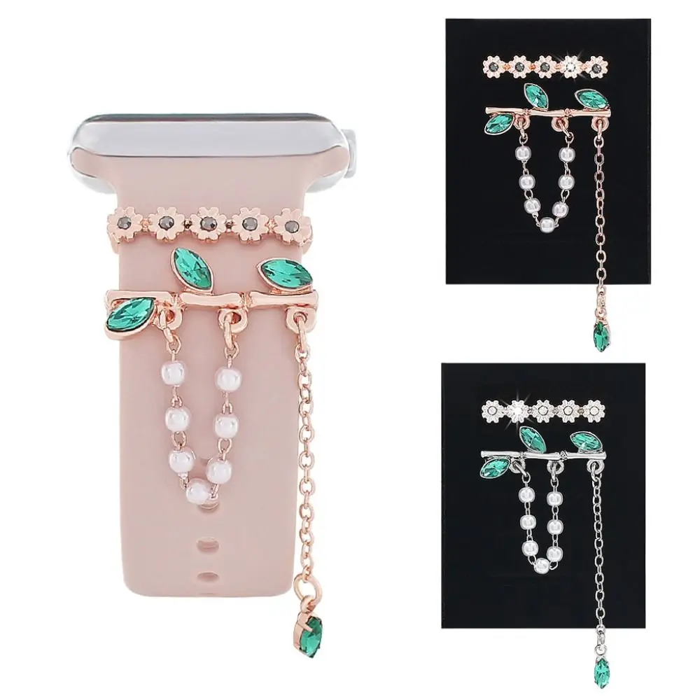 Diamond Pearl Charms Ring For Apple Watch Accessories Metal Tassel Charms Watch Band Ornament For iwatch Silicone Strap Jewelry