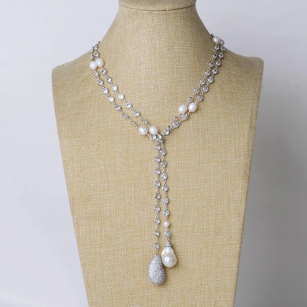 

49" White Keshi Pearl Pave CZ Chain Long Necklace Jewelry