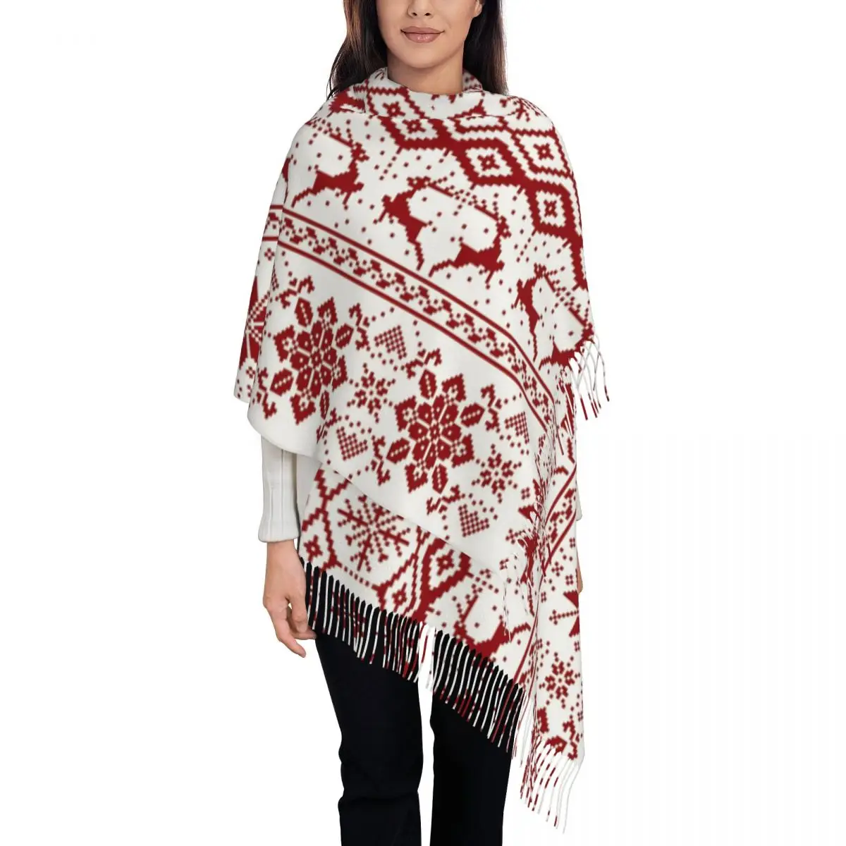 Christmas Reindeer Snowflake Deer Scarf for Womens Winter Warm Shawls and Wrap Nordic Single-sided Pattern Scarves with Tassel