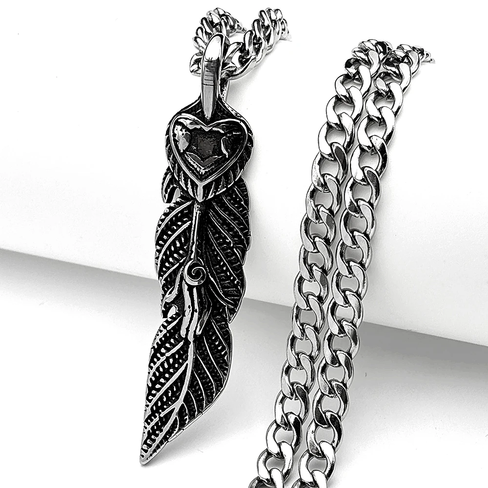 Vintage indische Feder-Herz-Kette für Damen und Herren, Edelstahl, silberfarben, Liebes-Retro-Punk-Anhänger, Halskette, Schmuckzubehör