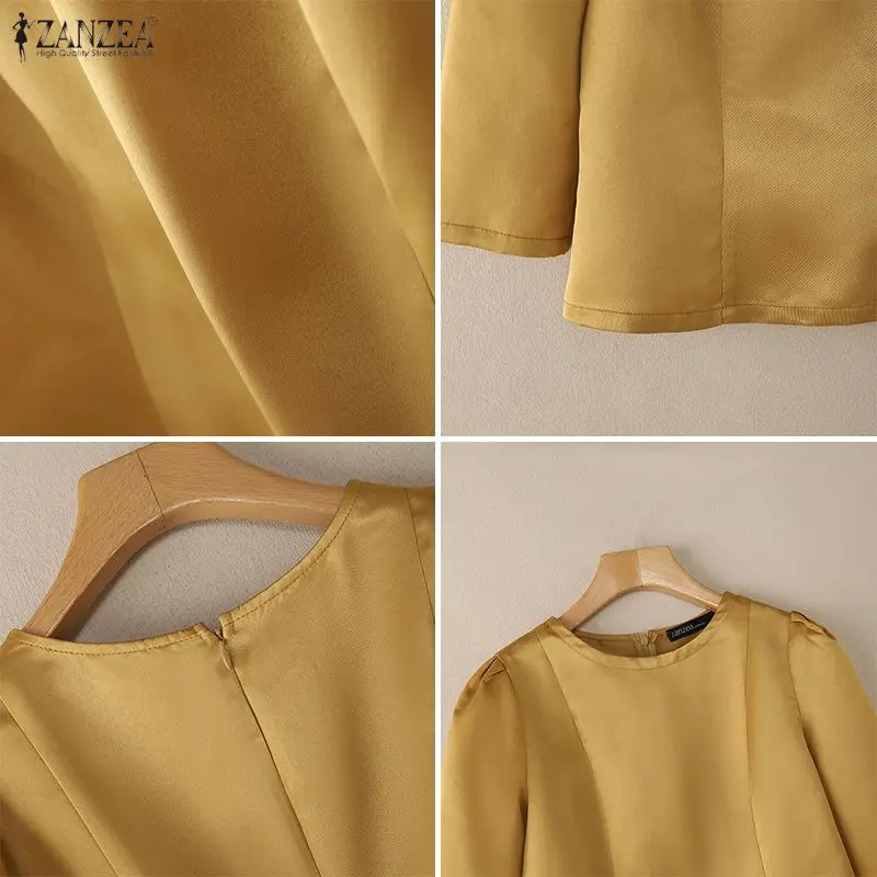 Elegante schwarze Satinblusen für Damen, Retro-Prinzessinnennähte, taillierte kurze Oberteile mit 3/4-Ärmeln, O-Ausschnitt, Hochzeitsgast-Damenkleidung