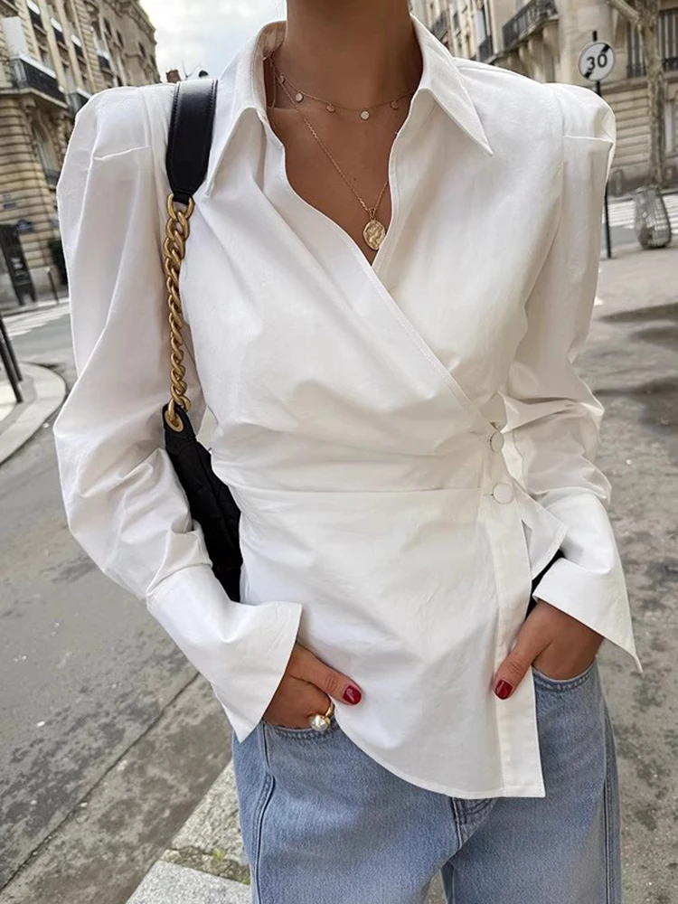 

Cross Button Irregular Slim Waist 2025 Shirts & Blouses Spring Autumn New Shirt Women Fashion Lapel Neck White Tops Mujer