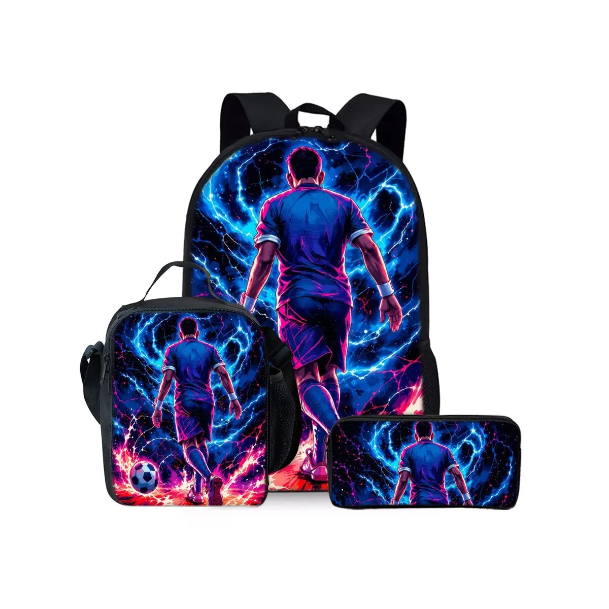 Football Print Three Piece Backpacks Set for Boy and Girls Best Gifts 2D Flat Cartoon School Bag for Children