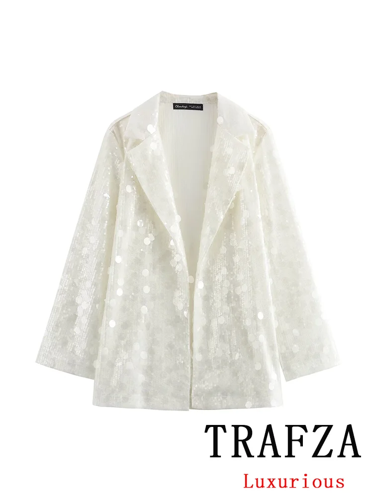 TRAFZA Vintage Casual Women Sequined Blazer Solid Oversized V-Neck Long Sleeve Blazer New Fashion 2024 Streetwear Summer Blazers