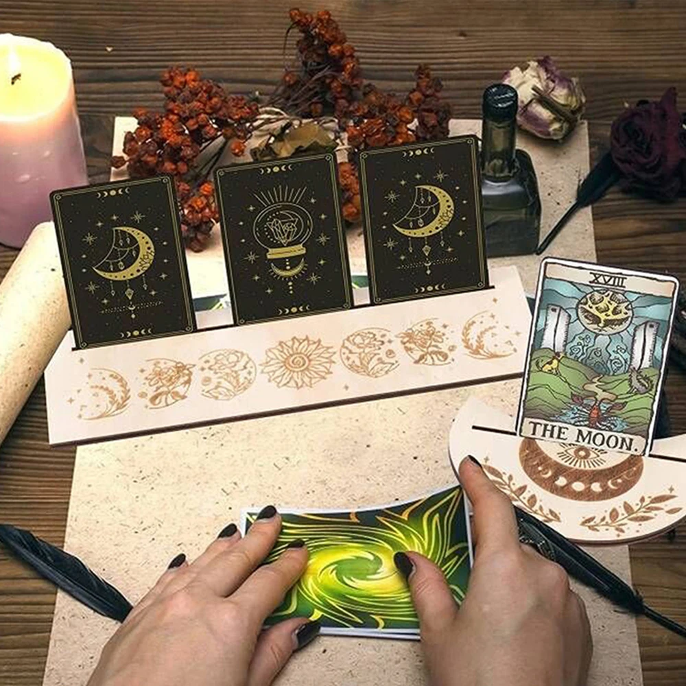 حامل خشبي لتارو شكل القمر مستطيل بطاقة مجموعة مذبح حامل عرض الخشب ساحرة العرافة أدوات اختبار مثيرة للاهتمام ديكور #3
