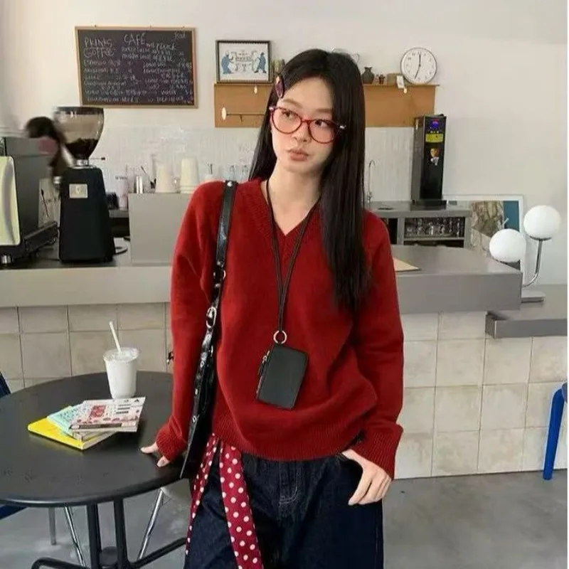 Casual Women Autumn Winter V Neck Sweater Solid Red Loose Soft Versatile Knit Pullover For Inner Wear
