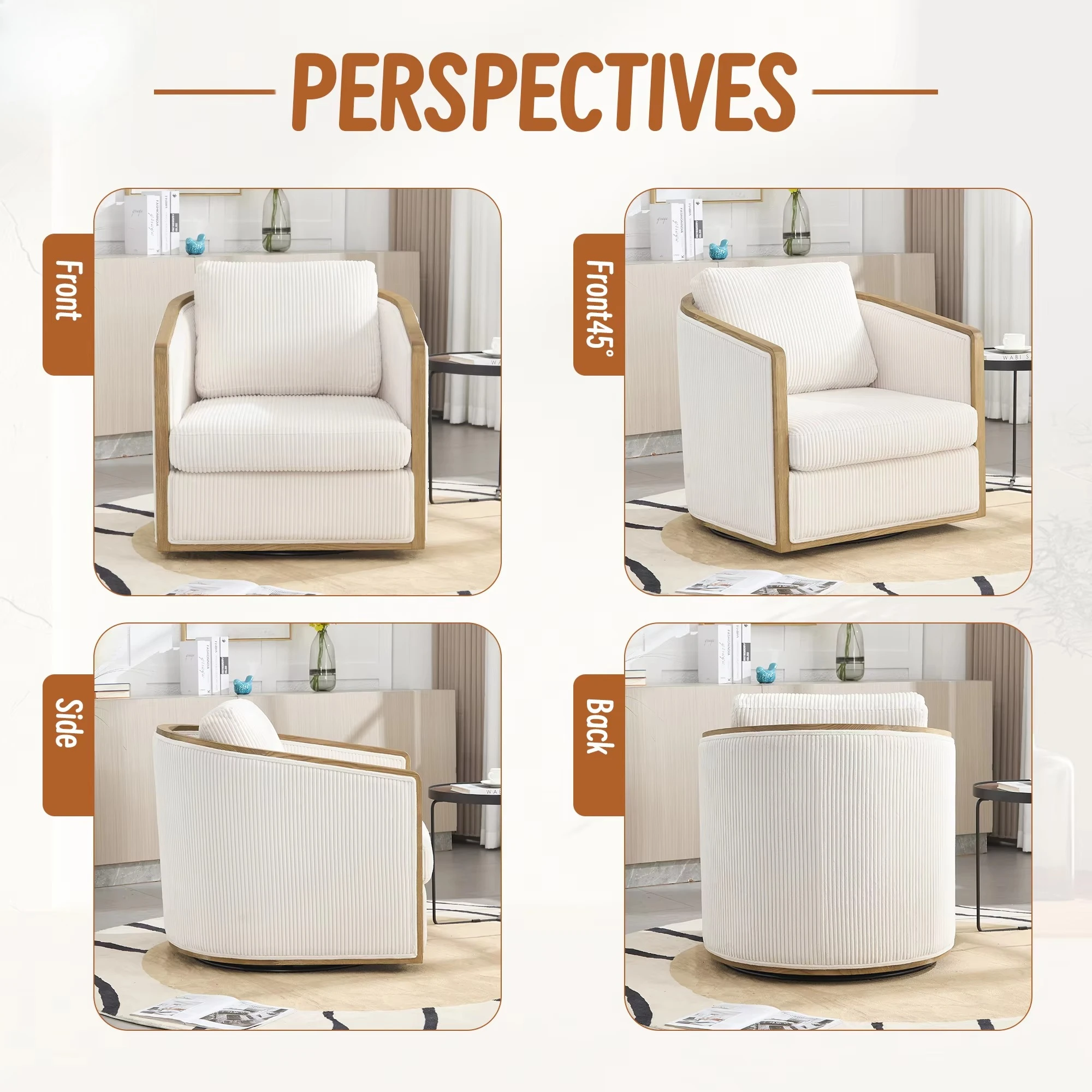 ReddeBoo Affordable Modern Sofa for Living Room with 360° Swivel Striped Velvet Sofa Durable Frame & Easy Cleaning