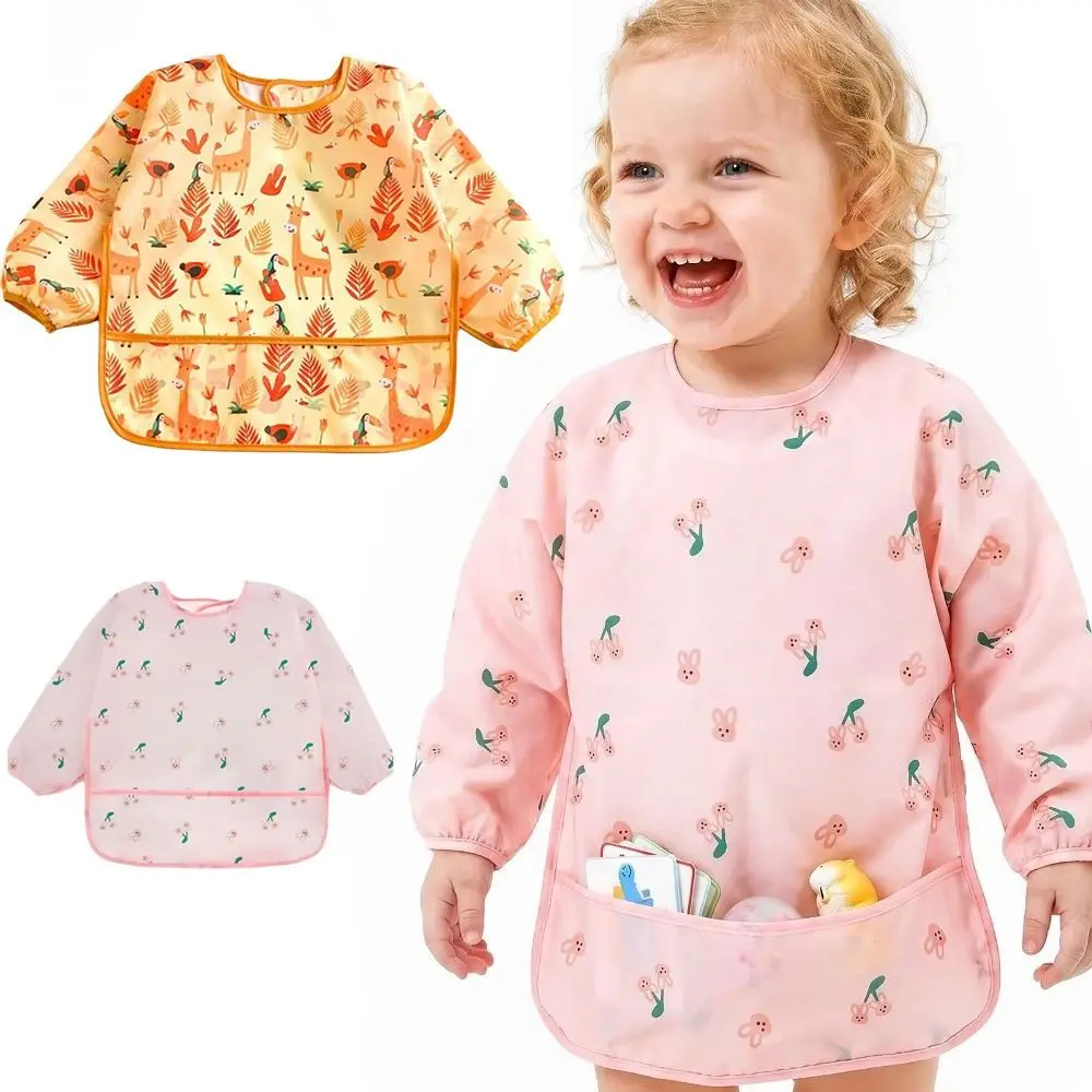 New Waterproof Bibs Long Sleeve Adjustable Neckline Full Sleeve Bibs with Pocket Elastic Cuffs Feeding Smock Feeding