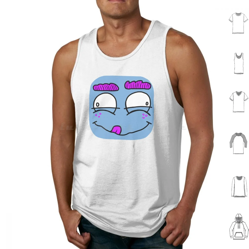 Cara de alegría camisetas sin mangas chaleco sin mangas boca cara naranja rosa azul Color colorido divertido tonto divertido lindo Toon alegría completa