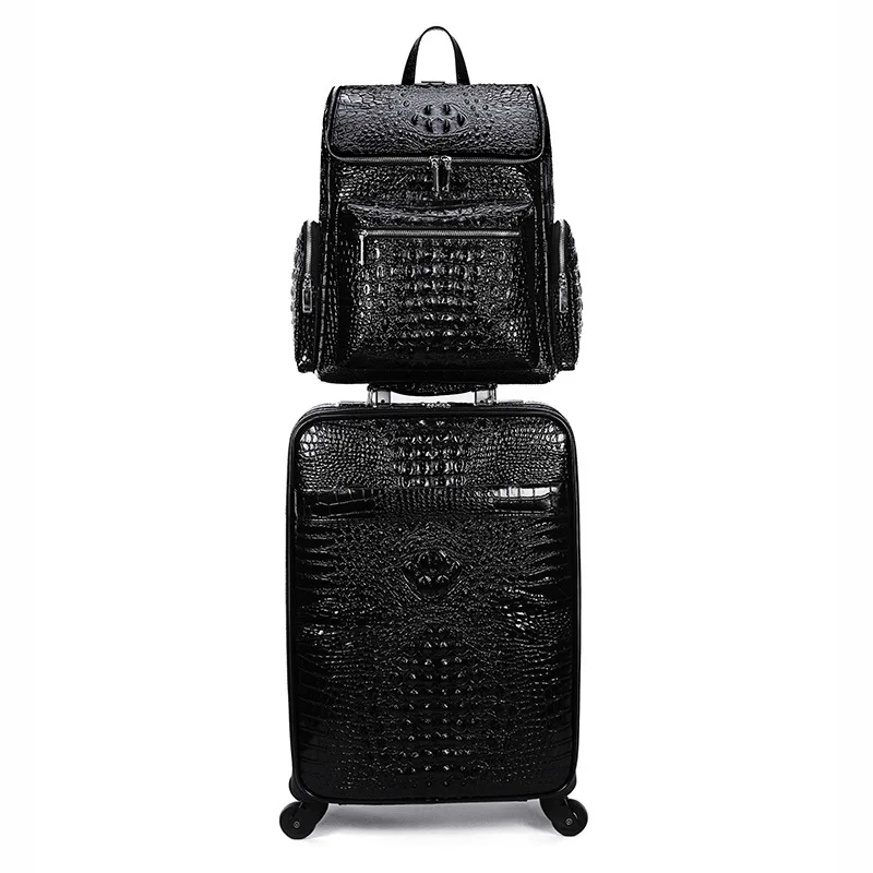 Genuine Leather crocodile pattern travel luggage with handbag backpack men\'s first layer cowhide trolley suitcase boarding case