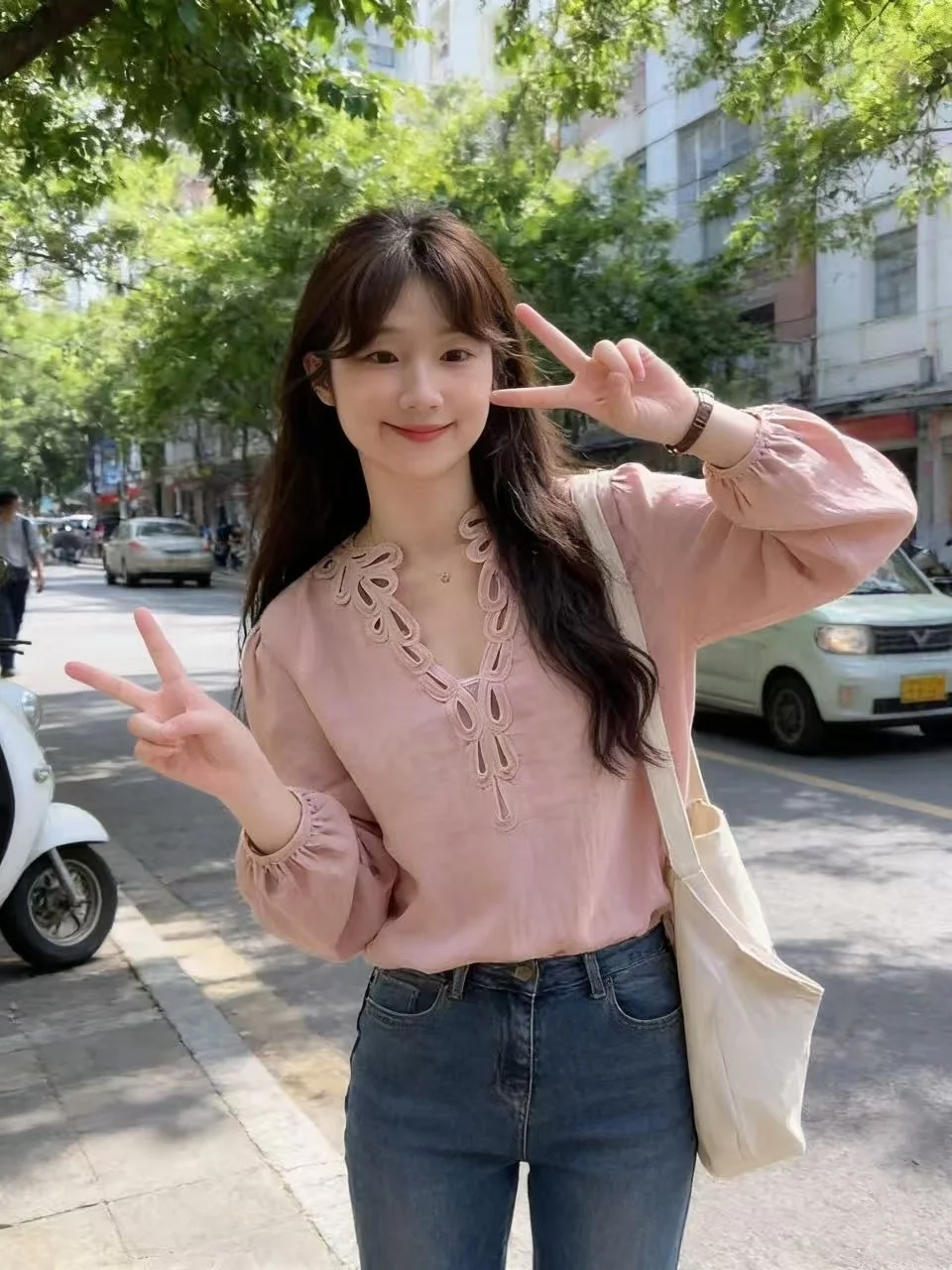 

Pink Embroidered Hollow out Lace Trim V-Neck Long Sleeve Women's Shirt Spring Fashion Korean Style Straight Cut Cotton Polyes...