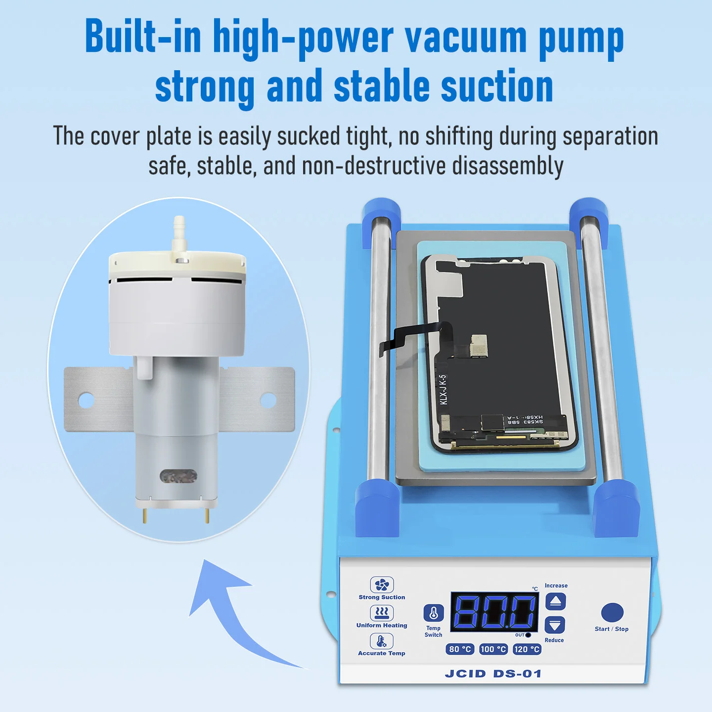 JCID DS-01 High Suction LCD Screen Separator with Vacuum Pump and 3 Temperature Memory Settings 130W For Phone Screen Repair